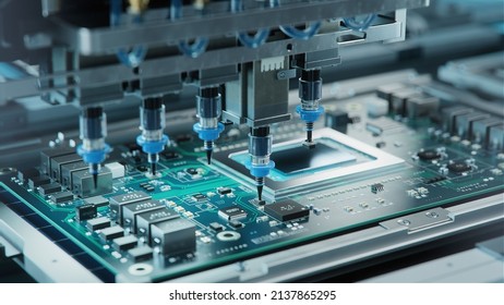 Automatic Pick and Place machine quickly installs Components on Generic Circuit Board. Electronics and Circuit board Manufacturing. Bright Environment - Shutterstock ID 2137865295