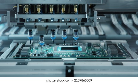 Automatic Pick and Place machine quickly installs Components on Generic Circuit Board. Electronics and Circuit board Manufacturing. Bright Environment