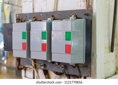 Automatic push-button switches of network equipment of three-phase network installed on the wall in the scientific and industrial laboratory