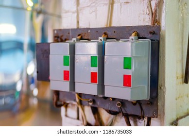 Automatic push-button switches of network equipment of three-phase network installed on the wall in the scientific and industrial laboratory