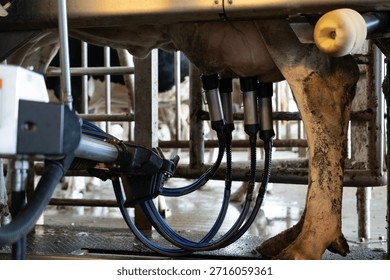 Automatic robotic milking system operating on a dairy cow in a modern farm, efficiently collecting milk from the udder with advanced technology and automated processes for increased productivity