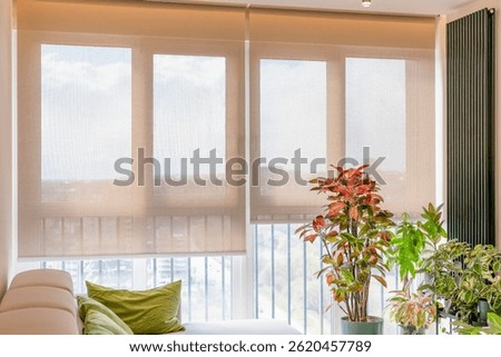 Automatic roller blinds cover large windows in a bright modern room, softly diffusing natural light. Beige transparent screen fabric for roller shades in smart home. Vertical radiator on the wall.
