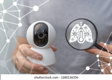 Automatic Smart Detection Corona Virus Fever Infection System Concept. Innovative AI Coronavirus Surveillance Watch Technology. CCTV Camera Temperature Scanning. Search Infectious Sick Human.