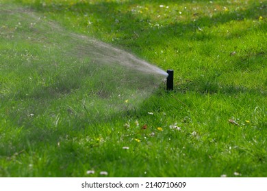 Automatic Sprinkler System Watering The Lawn