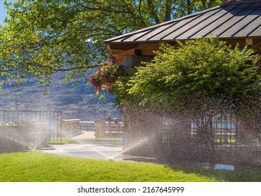 Automatic sprinklers watering grass. Garden Watering Systems. Irrigation System Watering the green grass. Watering Sprinkler System in the Residential Garden. Street view, nobody