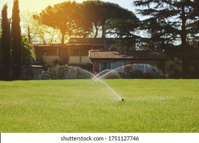 Automatic sprinklers watering grass, irrigation/ Selective focus.