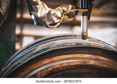 Automatic Submerged Arc Welding (SAW), Industrial automatic welding by submerged arc welding process continuously with carbon steel material in the factory.