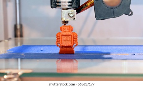 Automatic three dimensional 3d printer performs product creation. Modern 3D printing or additive manufacturing and robotic automation technology.