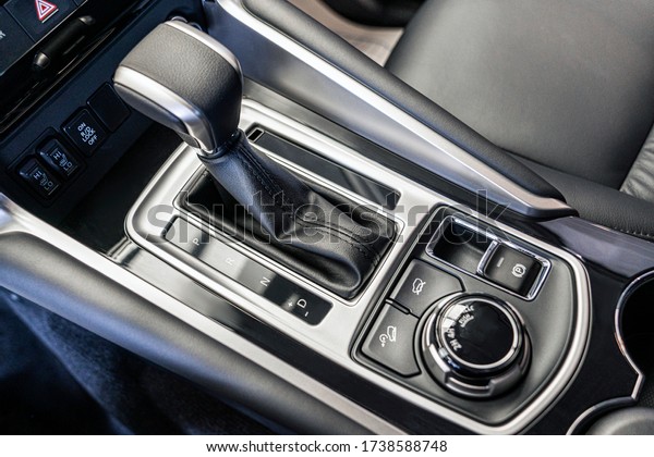 automatic transmission of the car. close-up view\
from above in the car\
interior