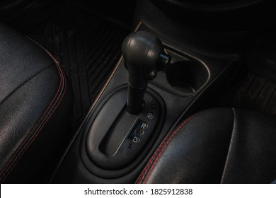 Automatic Transmission Shift Selector In The Car Interior. Closeup A Manual Shift Of Modern Car Gear Shifter.