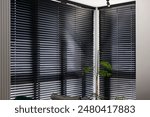 Automatic venetian blinds. Black color motorized wood blinds. Smart wooden shades on the window in the interior. Closed lamella shutters.