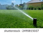 automatic watering system in the back yard garden with green grass .