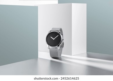 Automatic wristwatch,Beautiful men's watch with a black strap In geometric scenes, on a gray background. A luxury brand silvery watch,mechanical watch