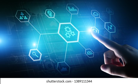 Automation of business and industrial process. Smart factory and technology innovation concept on virtual screen. - Shutterstock ID 1389111344