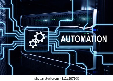 Automation of business Process and innovation technology in manufacturing. Internet and technology concept on server room background.