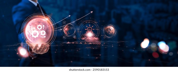 Automation: Businessman hand holding globe with network connecting data of digital technology, efficiency, streamlining processes, reliability, scalability.
