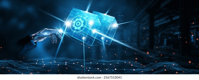 Automation : Businessman mechanical robotic hand touching automation network technology on interface. Efficiency, innovation, productivity, integration.