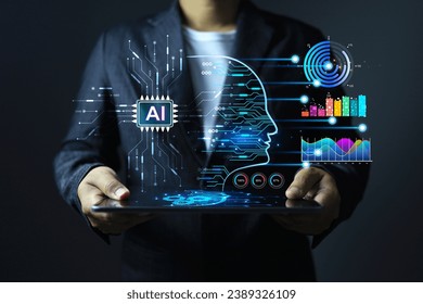 automation concept with businessman holds tablet to use AI help search data and summarize in graph and chart for analyze business investment economics and reduce paperwork time by automation works