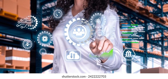 Automation concept, Engineering interacts with the virtual data interface of a modern enterprise in real time, intelligent digital industry