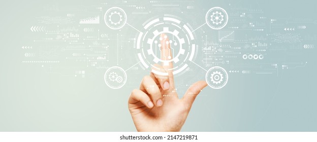 Automation concept with hand pressing a button on a technology screen - Shutterstock ID 2147219871