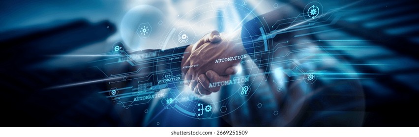 Automation concept, optimizing efficiency, Operations Manager handshake of global network connection enabling smart systems, robotics, AI, real-time data, and seamless workflows.