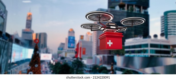 Automation Drone Robot Medical,delivery Medicine,first Aid Box,covid-19 Vaccine To People Quarantine At Home,air Transportation,concept Business And Medical Industry Smart Technology,