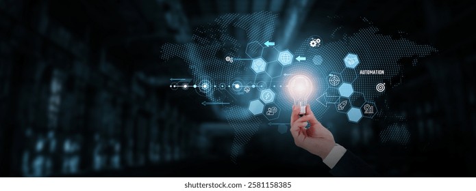 Automation: Efficiency, optimization, robotics, intelligence, process improvement, streamlining. Businessman hand holding creative light bulb with innovative technology.