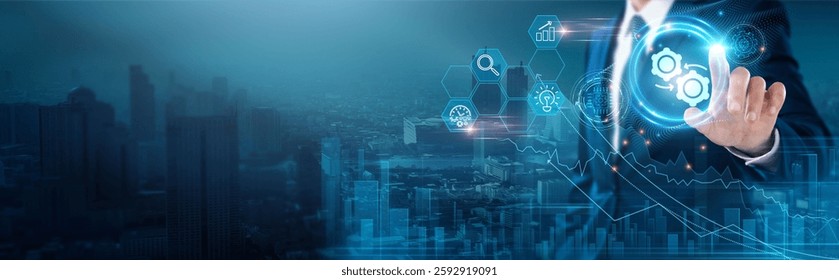 Automation: Efficiency, productivity, workflow optimization, task scheduling, cost reduction, error minimization, businessman touch automation network, innovation.