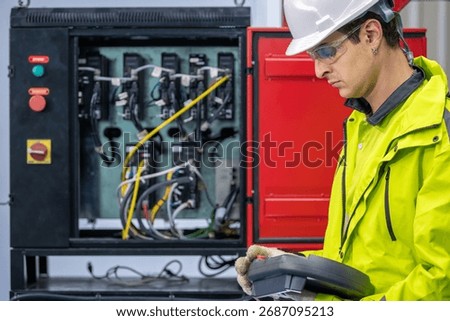 Automation Engineer Inspecting Control Panel in Industrial Factory Male Engineer Checking Electrical Wiring and Robot Control System Engineer with Hard Hat and Gloves Working on Control Panel