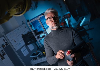 Automation engineer, technician holding remote controller of robotic arm. Concept of modern technology in industries, automated processes, robotics. - Powered by Shutterstock