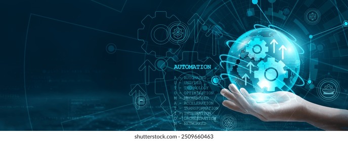 Automation. Hand holding a globe with a network connecting data points, representing the integration of digital technology, automation, and innovation across global systems.
