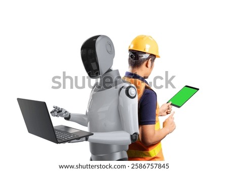 Automation industry concept with engineer work with assistant robot isolated on white