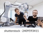 automation machine engineer students study and inspection control robot arm machine in robotics engineering academy at university or factory workshop. AI robot technology, future innovation trend.