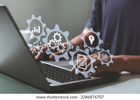Automation and optimization concept, Optimise business process workflow development. Business process management and workflow automation diagram with gears and icons.