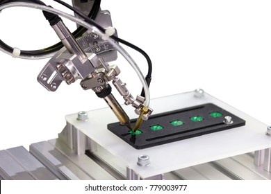 automation robotic system point soldering or welding for assembly print electric circuit board (PCB)  isolated on white background