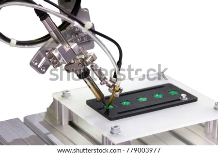 automation robotic system point soldering or welding for assembly print electric circuit board (PCB)  isolated on white background