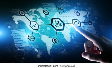 Automation and smart industry 4.0, Internet of things (IOT), Gears and system structure on virtual screen. Business and technology concept.