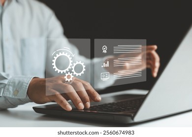 Automation Software Technology Process System Business Concept. Businessman working on computer laptop. automation, industrial business process workflow optimisation concept on virtual digital screen.