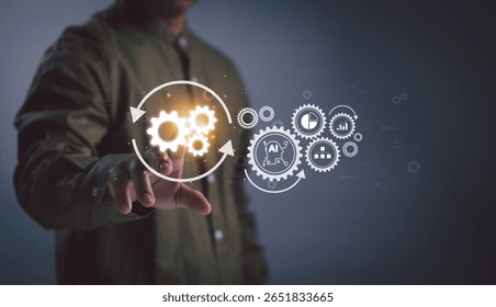 Automation software technology process systems, innovation for managing business work processes,RPA Concept ,businessman touch a gear icon showing the operation of robotic automation software.