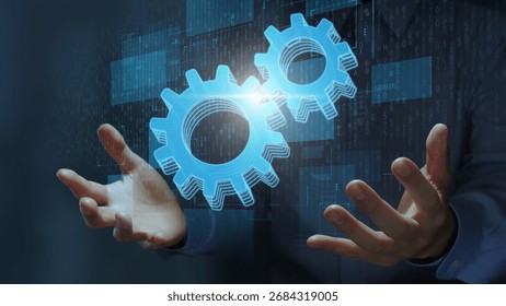 Automation system and data processing. Gear icons and businessperson. Setting and management of data conversion operations.