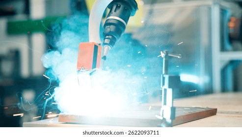 Automation, tech and electrical drill in workshop for product manufacturing for prototype. Engineering, smoke and welding equipment for production, repair or process with heat sparks in warehouse