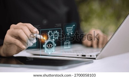 Automation technology and smart software system concept showing gear and shopping cart icons, representing process optimization, digital business, and innovation.