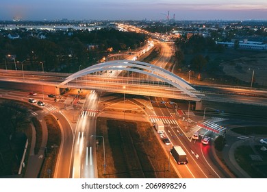 Automobile bridge in the evening in the city, top view. Wroclaw, Poland.