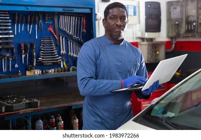 Automobile Computer Diagnosis. Car Mechanic Repairer Looks For Engine Failure