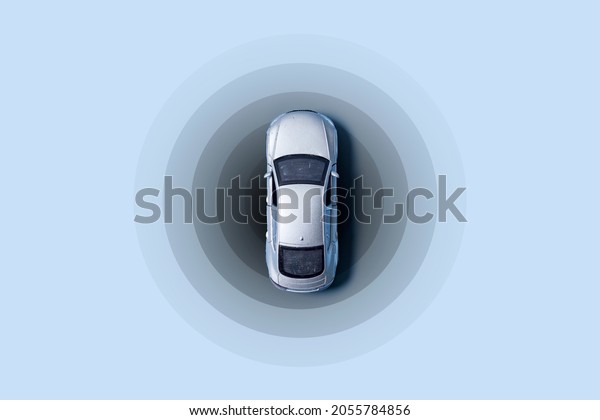 Automobile with gps tracking pulsing signal. A\
vehicle transmitting gps signal. Searching car location with gps\
tracker.