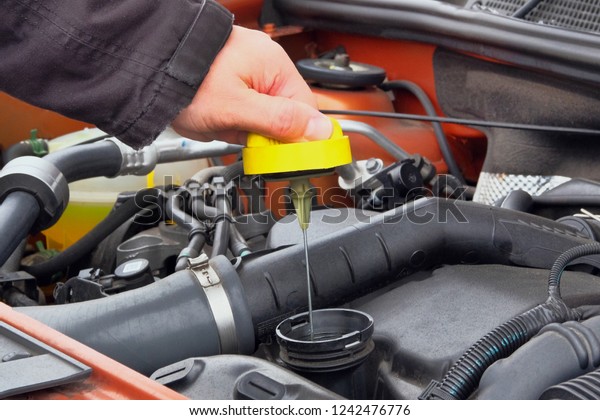Automobile maintenance concept. Driver checking oil\
level in car engine. Close\
up.
