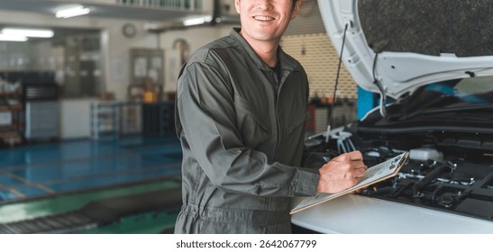 Automobile mechanic checking the engine compartment of a car - Acceptance inspection (vehicle inspection and regular inspection)
