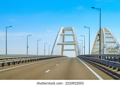 Automobile and railroad bridge across the Kerch Strait or Crimean bridge. Navigable Arch of the highway and railroad section of the Crimean bridge.