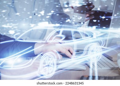 Automobile theme drawing with businessman working on computer on background. Autopilot taxi concept. Double exposure. - Shutterstock ID 2248631345