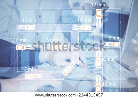 Automobile theme drawing with businessman working on computer on background. Autopilot taxi concept. Double exposure.